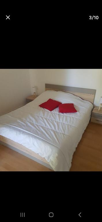 - un lit blanc avec 2 oreillers rouges dans l'établissement Appartement vannes cosy, à Vannes