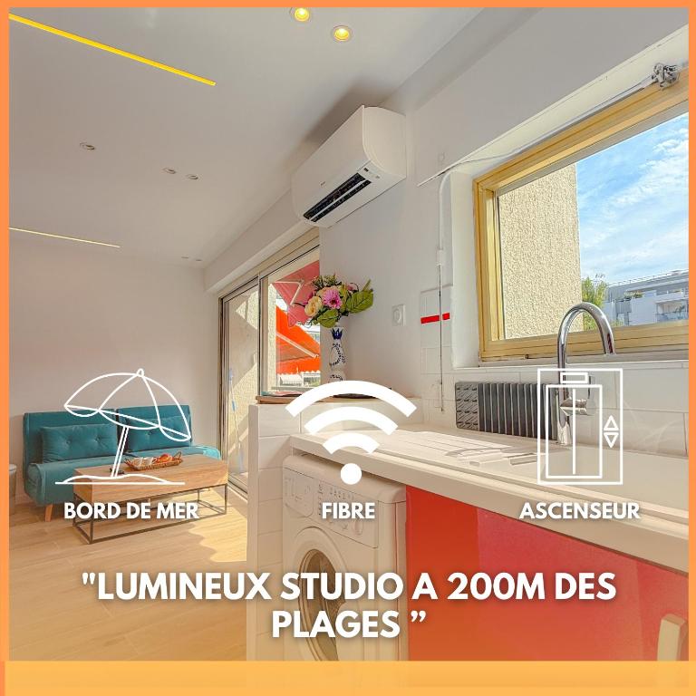 une cuisine avec un évier et une fenêtre dans l'établissement Le Santa By ApiRent #Climatisation #Plage #Vue mer, à Cannes