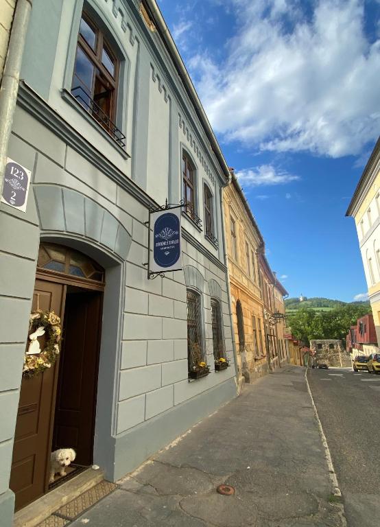 a building with a sign on the side of a street at Apartman Modrý dom in Levoča