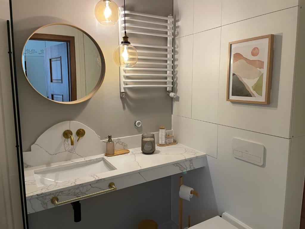 łazienka z umywalką i lustrem w obiekcie Apartament Zeta - Zeta Park w Ustroniu