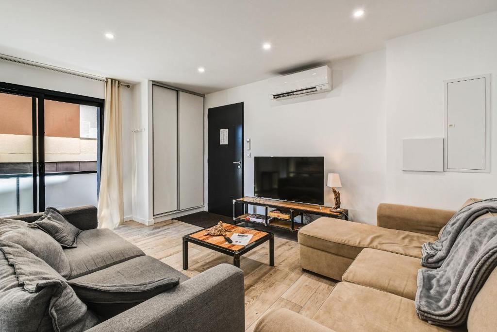 a living room with two couches and a flat screen tv at Aux pieds des pistes - Appt B in Ax-les-Thermes