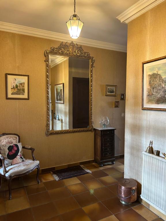 un salon avec un miroir et une chaise dans l'établissement Appartement lumineux Perpignan Sud - proches commodités, à Perpignan