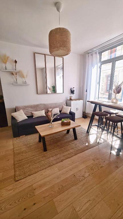 un salon avec un canapé et une table dans l'établissement TOPAZE Centre-ville, WIFI, à Avignon