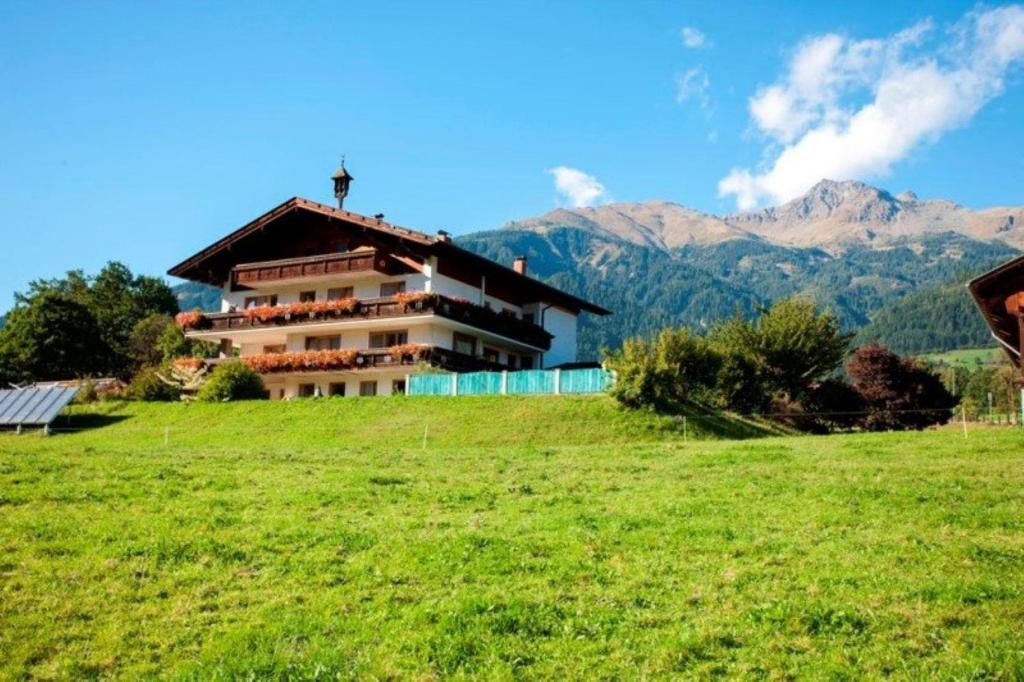 a house on a hill with mountains in the background at TAMERBURGERHOF in Lienz