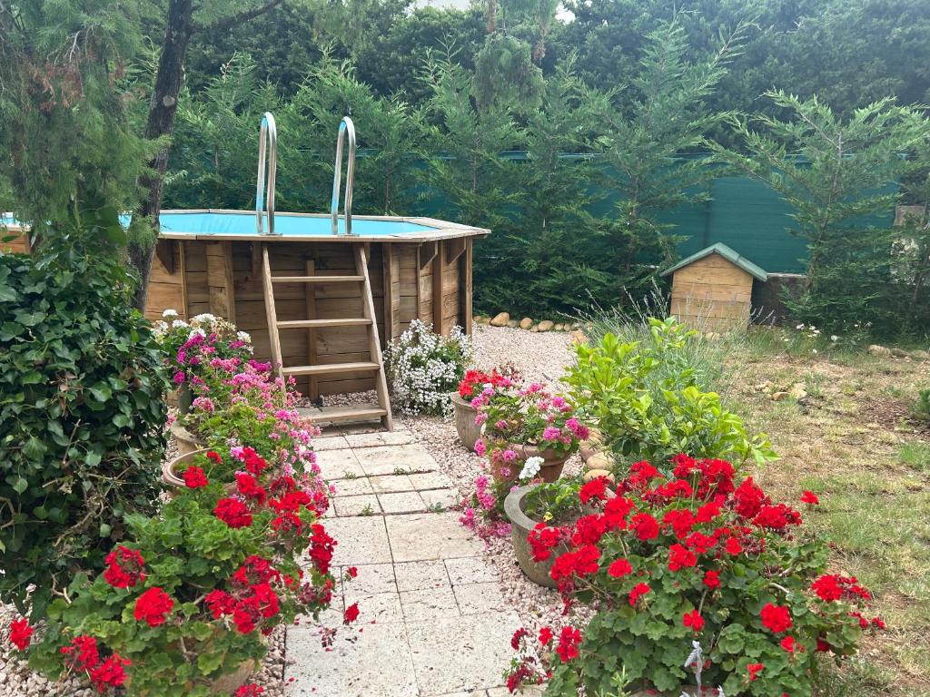 a garden with a hot tub and red flowers at Chez Laurette in Villeneuve-lès-Avignon