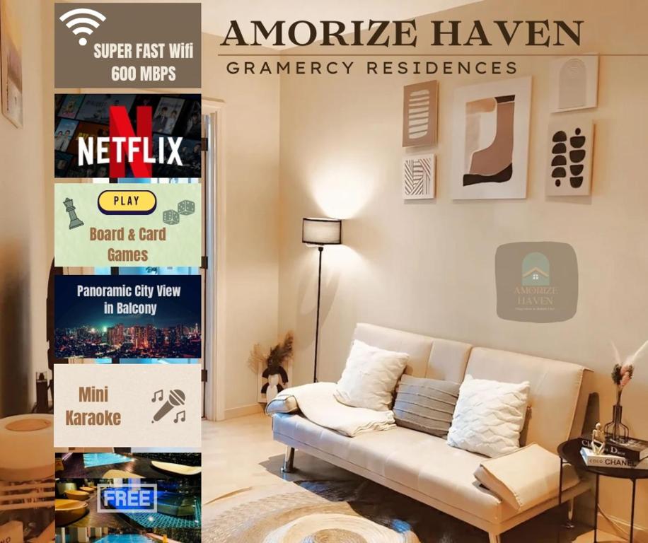 a living room with a couch and a sign at Gramercy Residences Cozy 1BR Suite with 600mbps & Free amenities City view in Manila