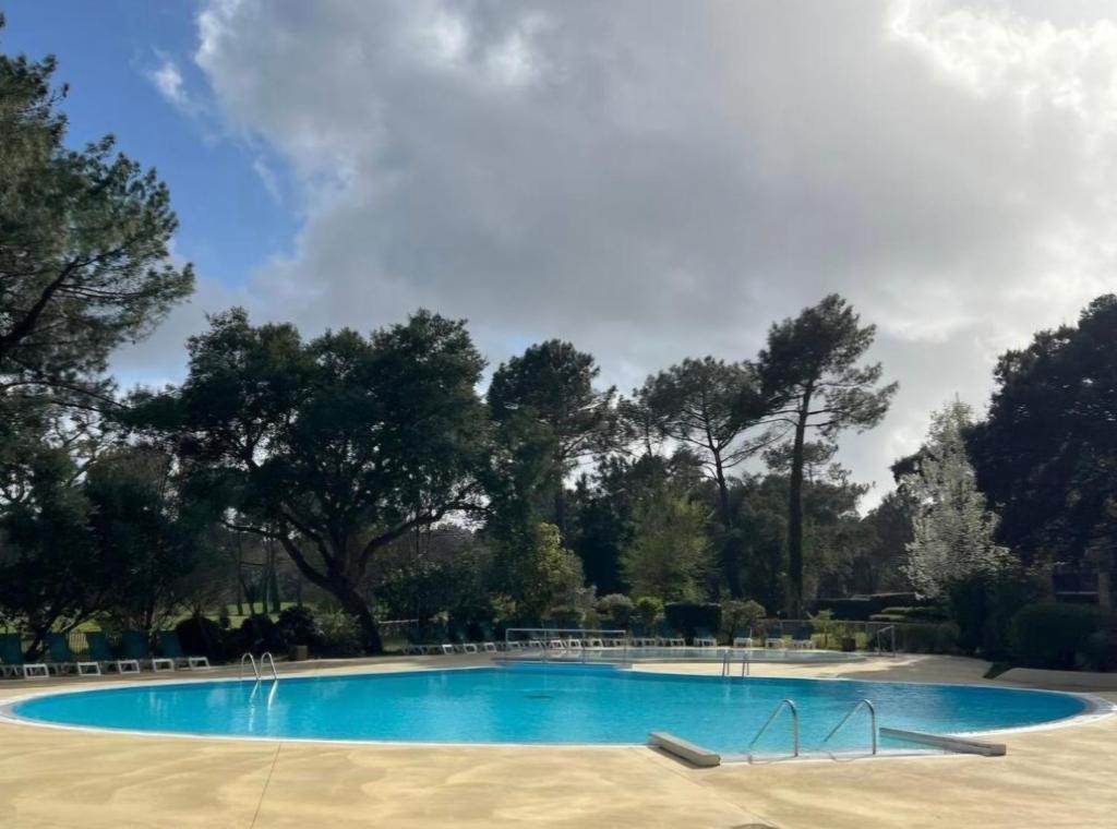 ein großer blauer Pool mit Bäumen im Hintergrund in der Unterkunft Appartement 3 pièces 4 personnes, à Moliets et Maa, proche Golf, grand balcon et piscine in Moliets-et-Maa