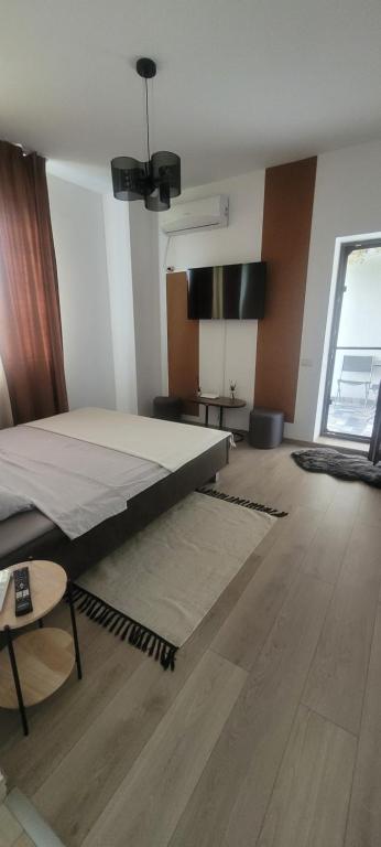 a bedroom with a large bed and a large window at Studio Modern Class in Bucharest