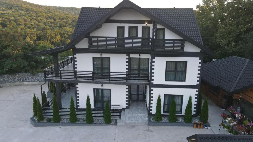a large white house with a black roof at Pensiunea VERA&MIR in Huşi