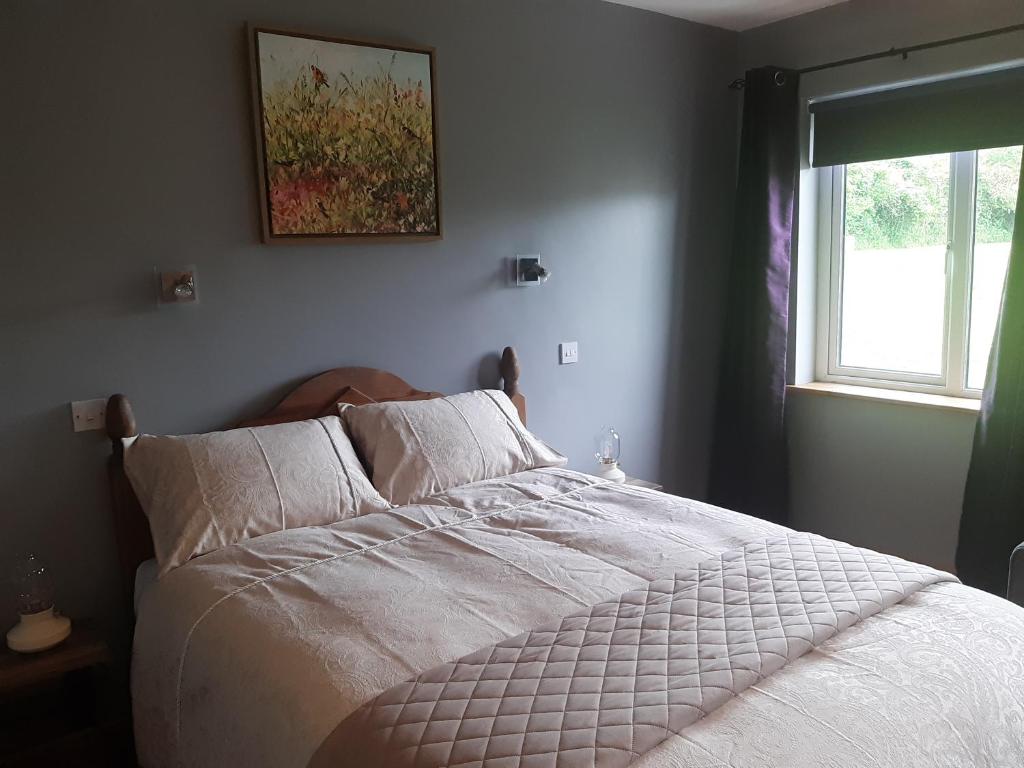 a bedroom with a white bed with a window at Aira Lodge Accommodation in Kinvara