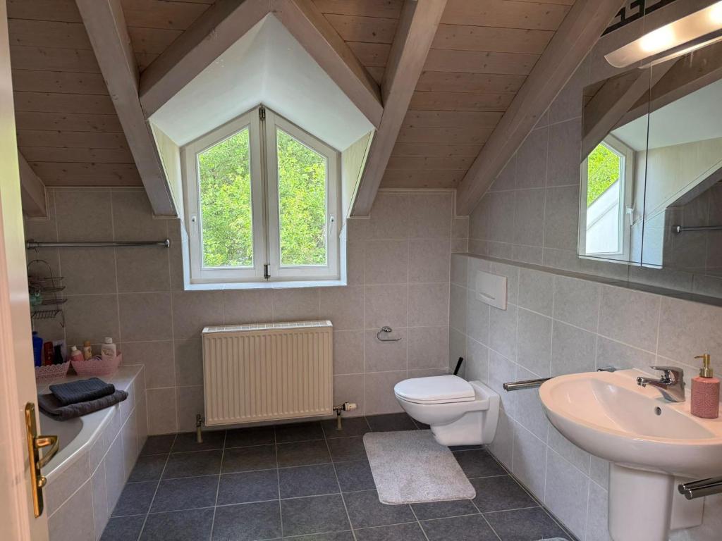 a bathroom with a sink toilet and a window at Natur pur! in Nieder-Olm