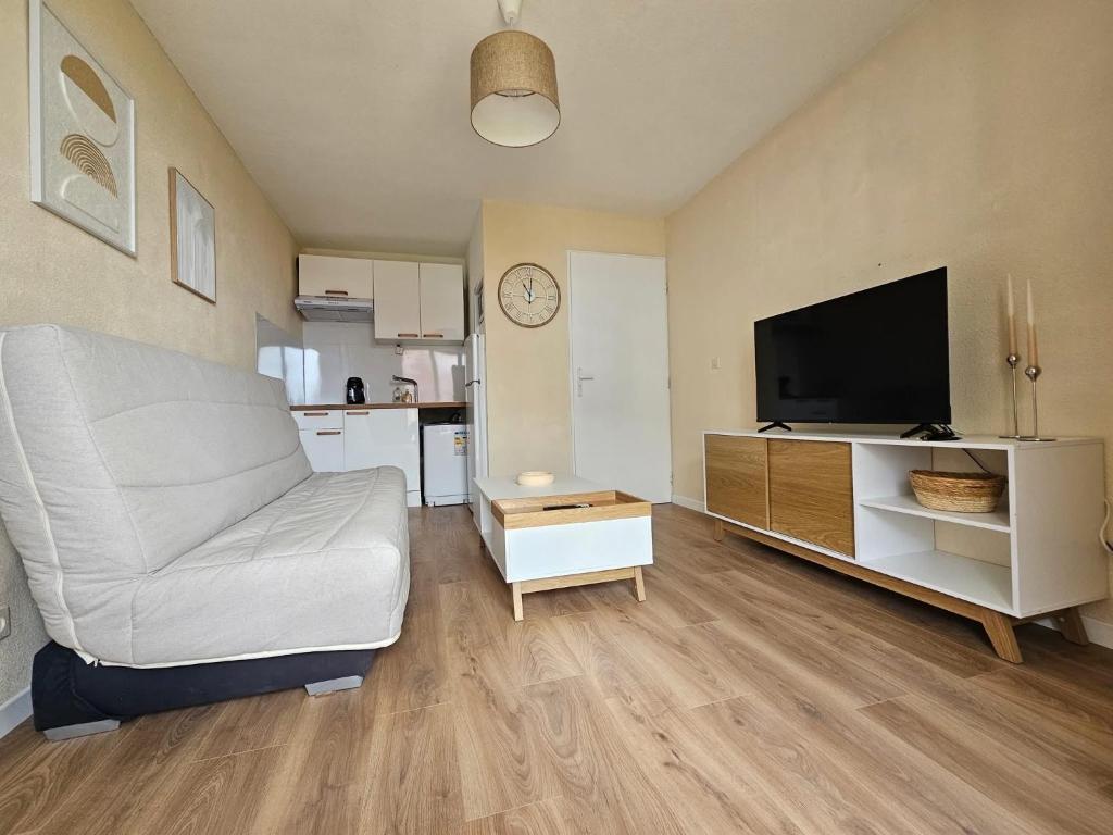 un salon avec un canapé blanc et une télévision dans l'établissement T2 vue mer Le Barcares, au Barcarès