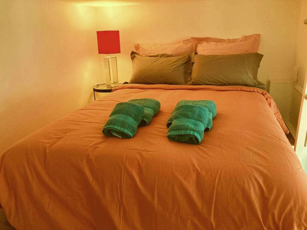 Dos toallas verdes encima de una cama. en Studio de Rêve à Versailles Plein Centre , 500m Château, 350m Gare Rive Gauche, en Versalles