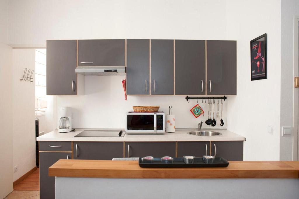 - une cuisine avec des placards gris et un four micro-ondes dans l'établissement Au cœur de Cannes, à Cannes