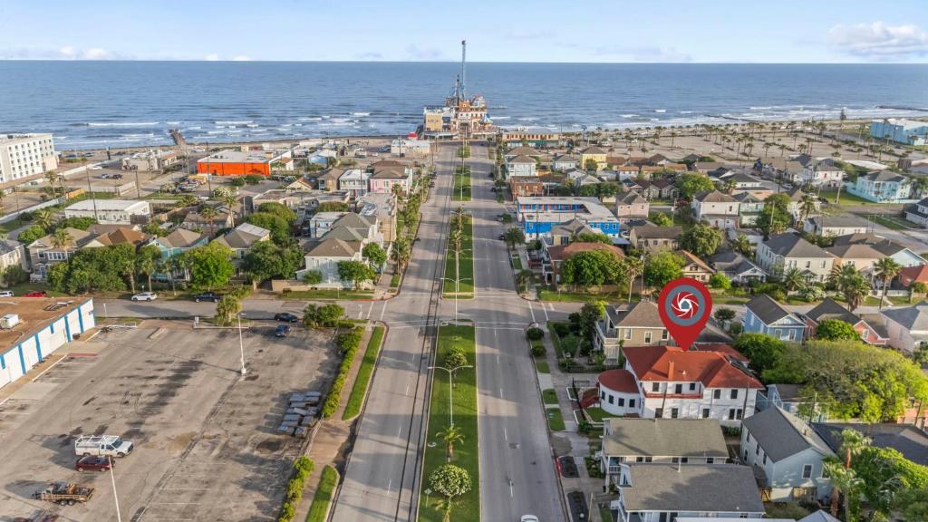 an aerial view of a city with the ocean at Sinatra House: Mardi Gras Parade Route in Galveston