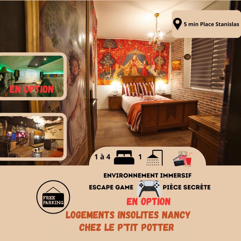 une publicité pour un jeu d'évasion à impact amélioré dans une chambre dans l'établissement Chez Le Petit Potter Escape Game et Pièce Secrète en Option, à Nancy