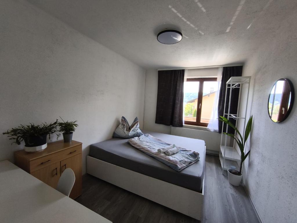 インスブルックにあるCosy Room in Modern Flatのベッドと窓のある小さな部屋