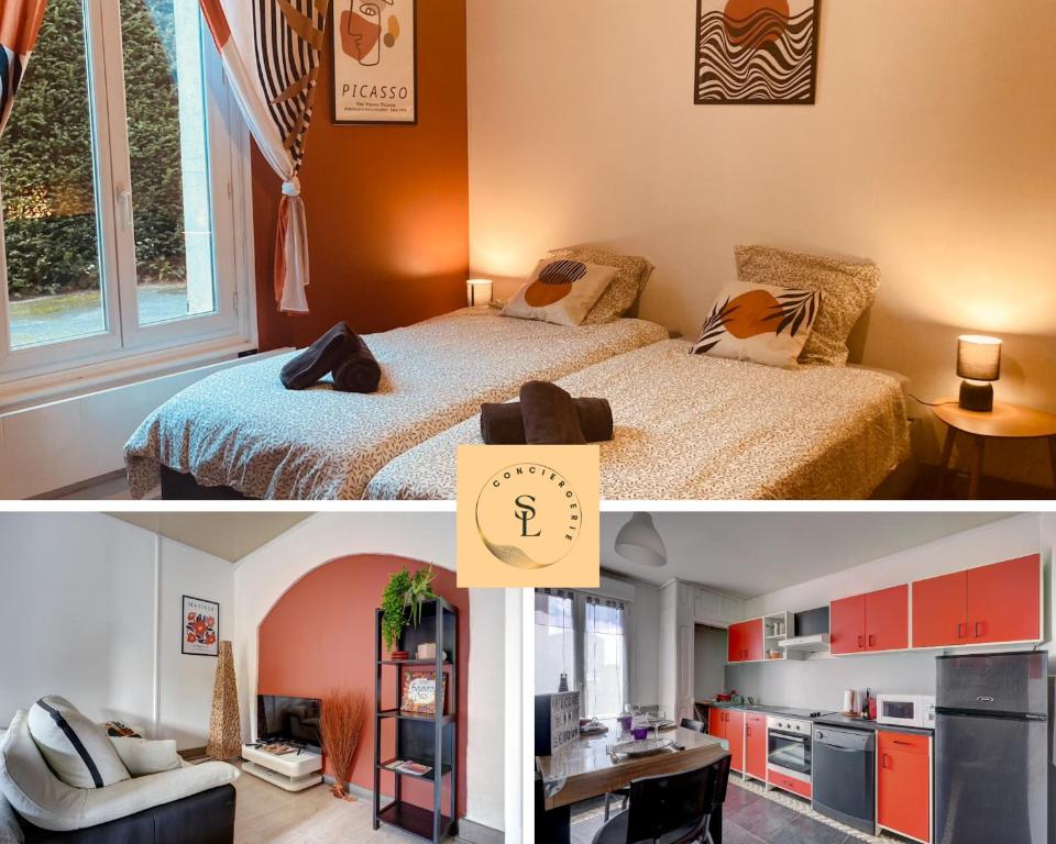 - deux photos d'une chambre avec un lit et une cuisine dans l'établissement T1 Confortable avec parking, proche Lyon, Idéal couples ou travailleurs, à Corbas