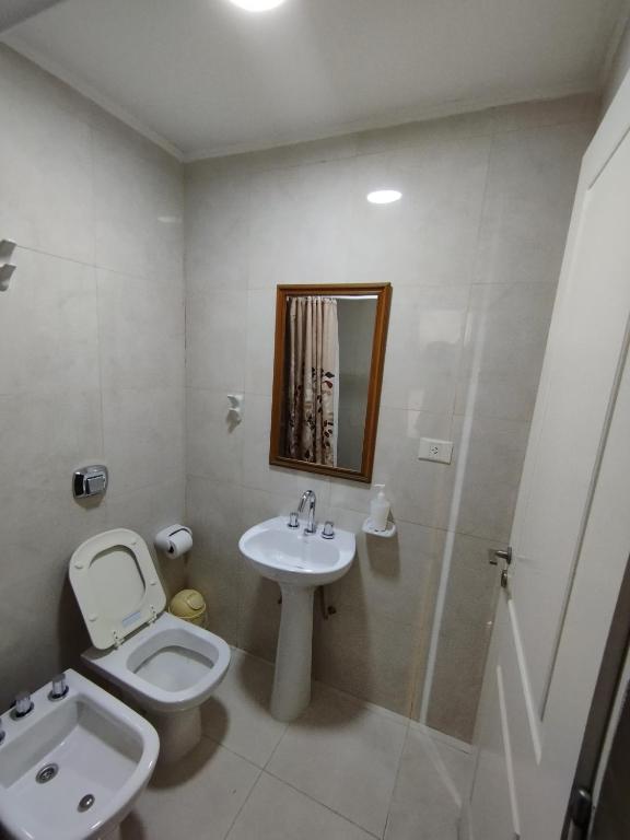 a bathroom with a toilet and a sink and a mirror at Complejo belgrano in General Roca