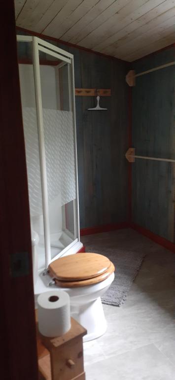 a bathroom with a toilet with a wooden toilet seat at Grangette Entre Chiens et Loups in LʼAnse-Saint-Jean