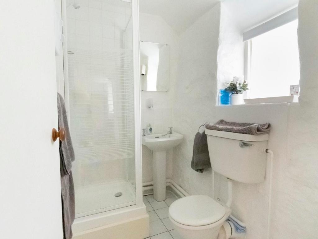 a white bathroom with a toilet and a sink at Secluded Holiday Home in Ceredigion with Garden in Pennant