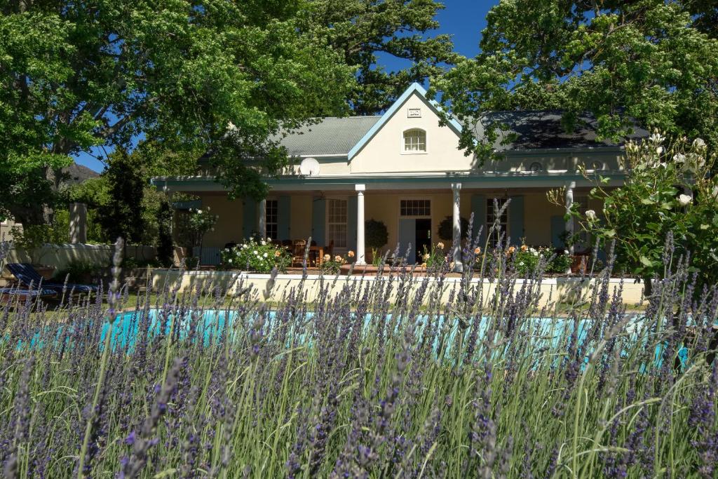 a house with a field of flowers in front of it at Auberge Clermont in Franschhoek