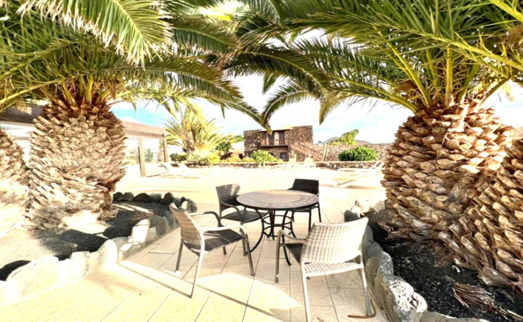 a patio with a table and chairs under palm trees at Confortable Alojamiento con Piscina y Estilo in Villaverde