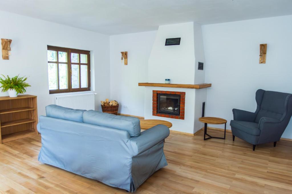 un soggiorno con un divano blu e una sedia di Jókai Guesthouse a Tuşnad