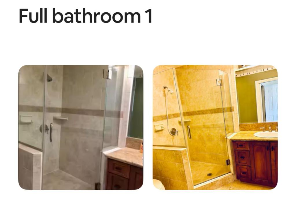 two pictures of a bathroom with a shower and a sink at 2 bed 2 bath East Village condo with two parking spots and 3 blocks to Ocean in Long Beach
