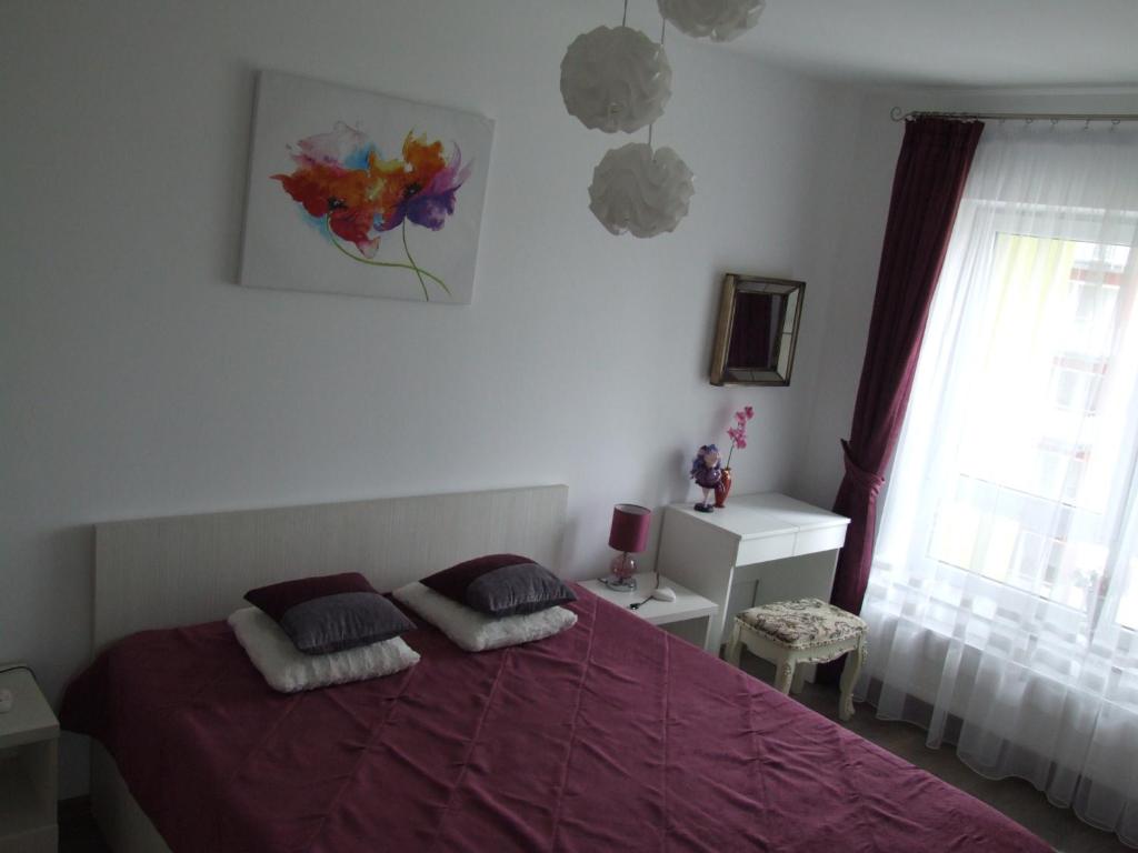 ブラショヴにあるAnca Apartmentのベッドルーム1室(紫のシーツが敷かれたベッド1台、窓付)