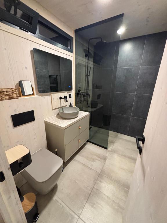 a bathroom with a toilet and a sink and a shower at Stylish beach house in Privlaka in Privlaka