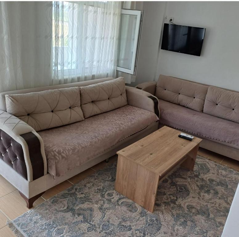 a living room with a couch and a coffee table at Elite Apart Pansiyon in Gokceada Town