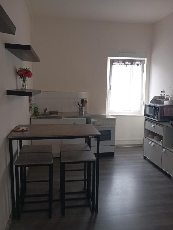une cuisine avec une table et quelques chaises dans l'établissement Studio prox tram métro et périphérique, à Vénissieux