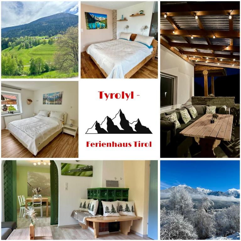 a collage of photos of a hotel room with a mountain at Tyrolyl - Ferienhaus Tirol in Inzing