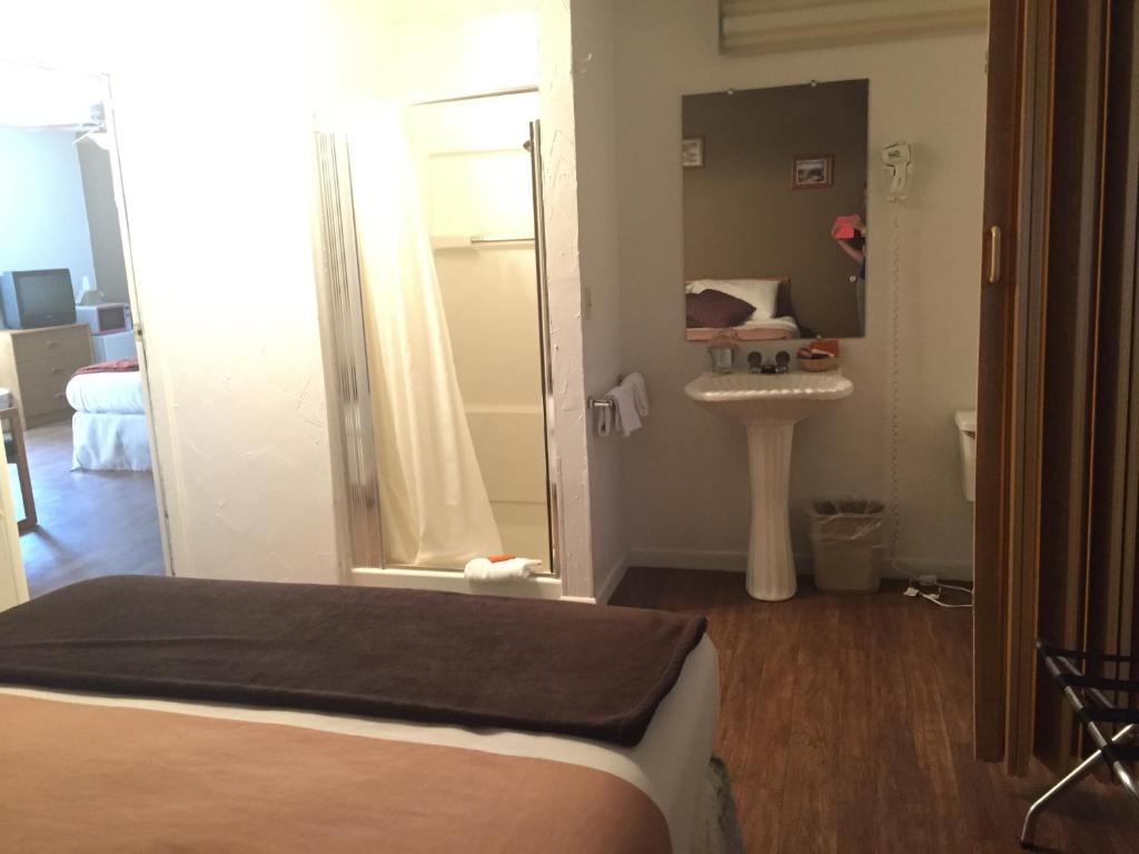 a bedroom with a bed and a sink and a mirror at The Brookside Motel / Mt. Rushmore in Keystone