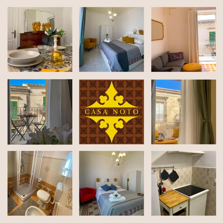 a collage of photos of a hotel room at Casa Noto in Noto