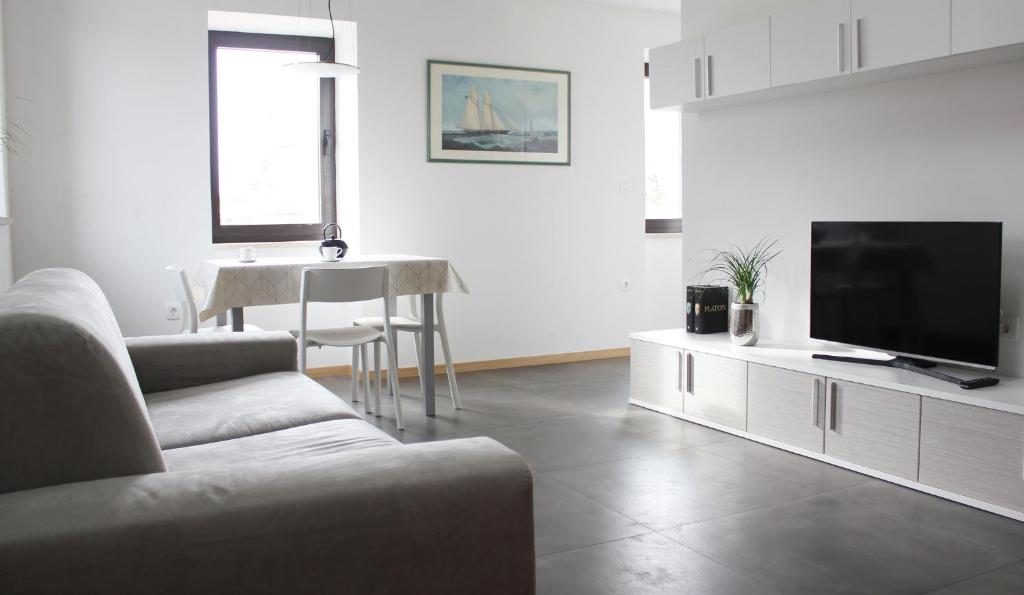 een woonkamer met een bank en een flatscreen-tv bij Loft and Palma Apartments in Koper