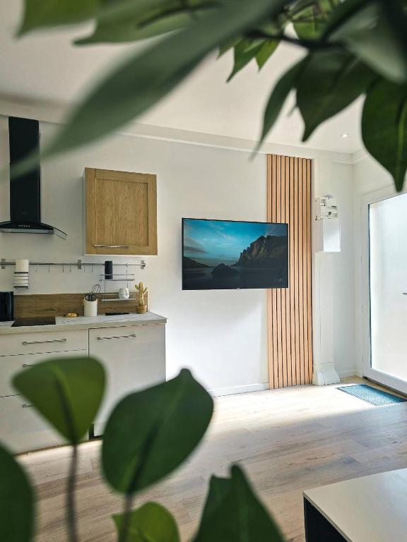 Il comprend un salon avec une cuisine et une télévision murale. dans l'établissement Le Palazzo, à Dieppe