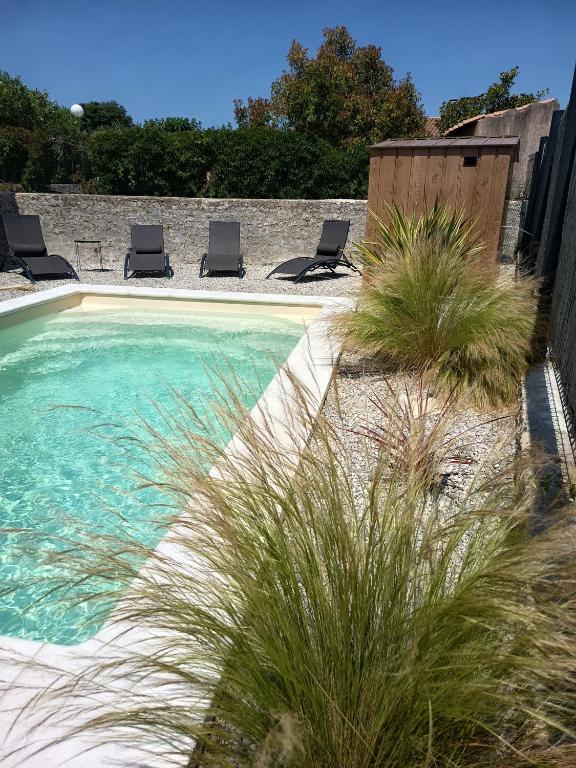 une piscine avec chaises longues et herbe dans l'établissement L'ombre du tilleul, à Saint-Maurice-sur-Eygues