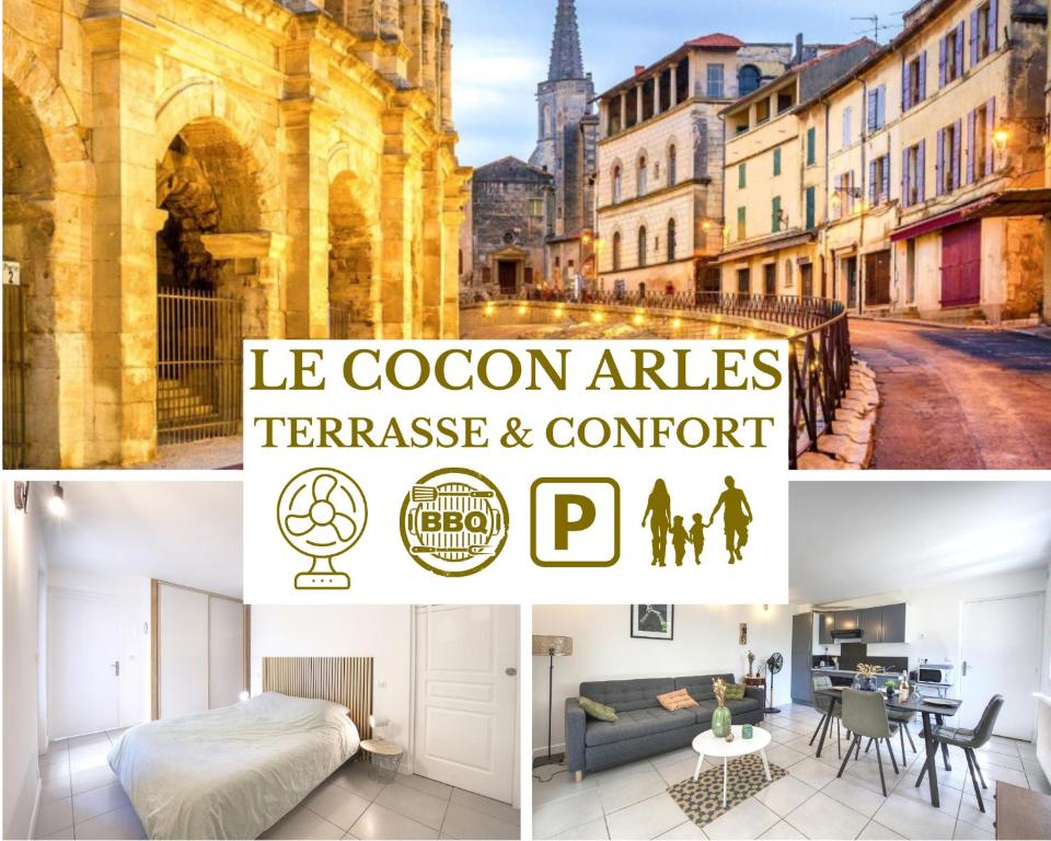 un collage d'images d'une ville avec un hôtel dans l'établissement Le Cocon - Terrasse & BBQ - Centre historique Gare et Arènes à Proximité - Emplacement Idéal, à Arles