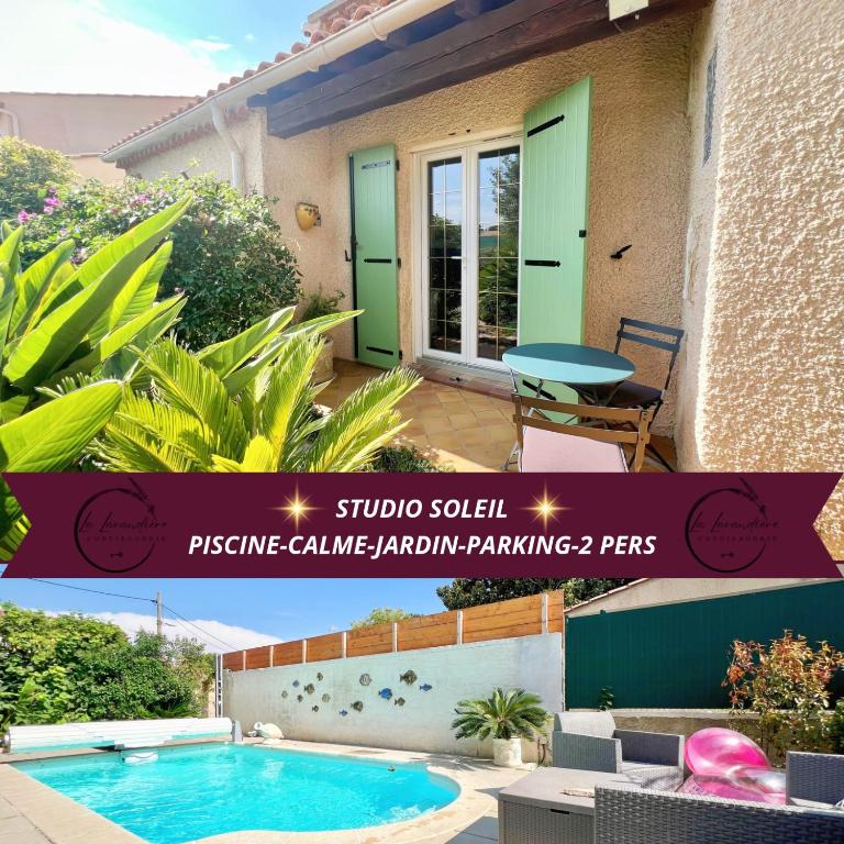 un collage de deux photos d'une maison avec une piscine dans l'établissement Studio Soleil - Piscine, Parking, Jardin, Calme, Wifi, 2 personnes, à Istres