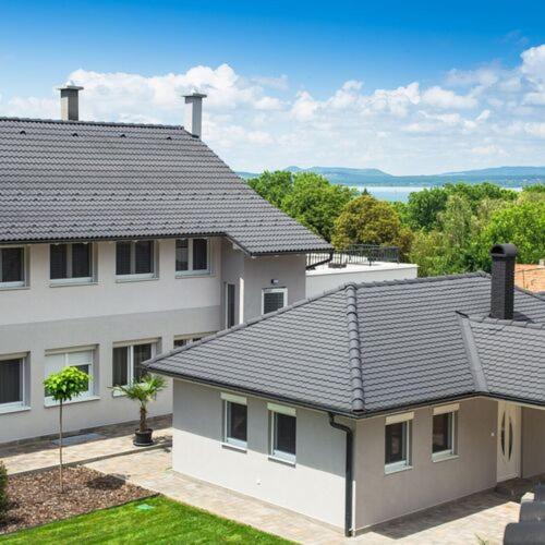 an aerial view of a house with a roof at Villa Sole Apartman Balatonboglár in Balatonboglár