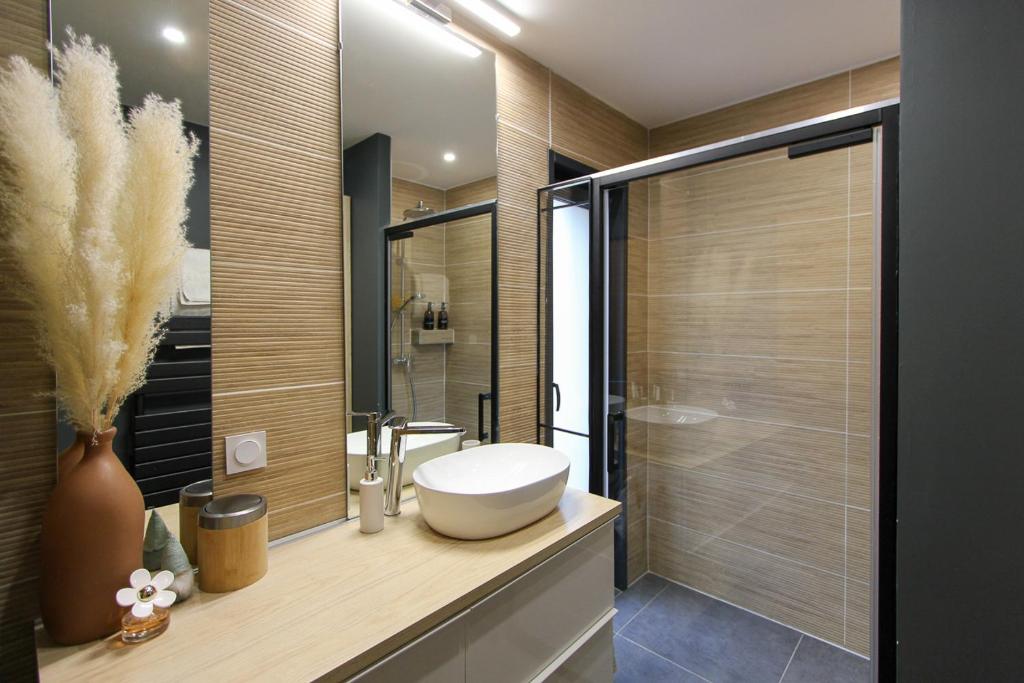 une salle de bain avec un lavabo blanc et une douche dans l'établissement Villa rosalie L'Isle-sur-la-Sorgue, à LʼIsle-sur-la-Sorgue