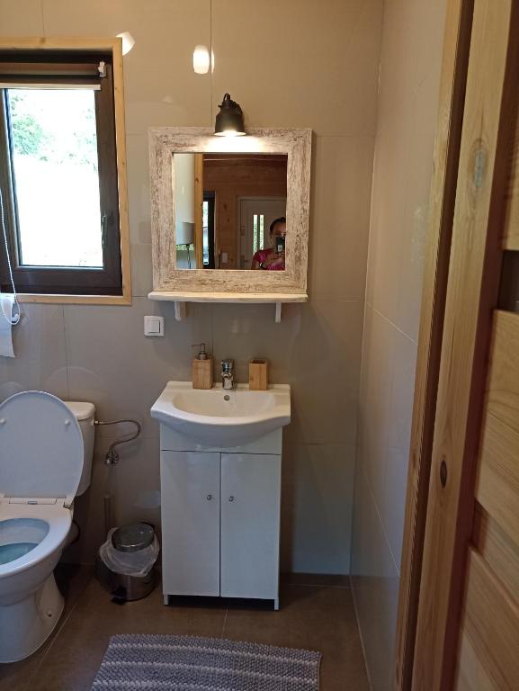 Kúpeľňa v ubytovaní Domki i apartamenty nad jeziorem solińskim z basenem I widokiem na góry