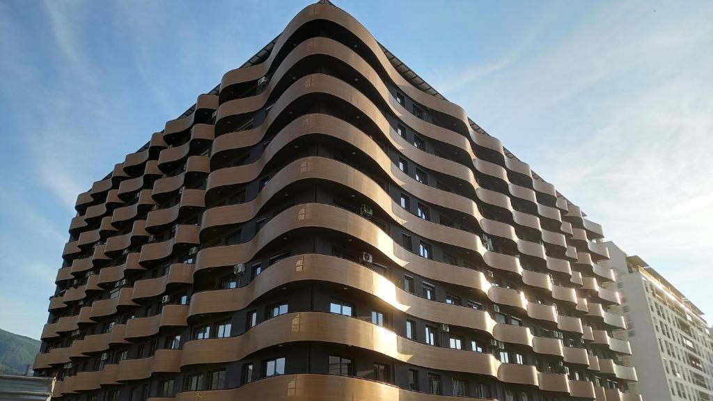 スコピエにあるArt Galerija Apartment Skopjeの白黒の外観の建物