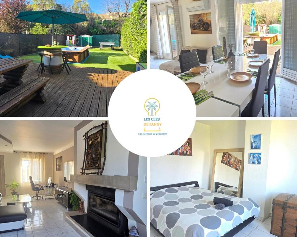 un collage de photos d'une maison avec un lit et une terrasse dans l'établissement Villa Mauricette, clim piscine, à Sérignan