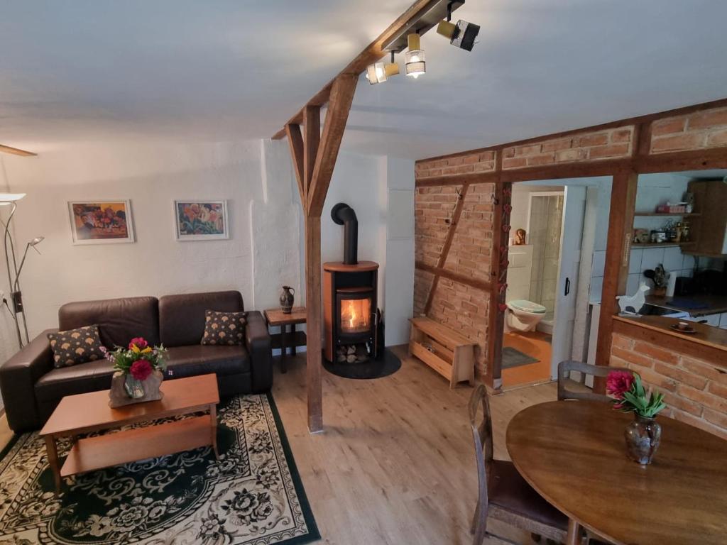 a living room with a couch and a table and a fireplace at Alpakatherapie und Ferienhof Charlottenthal in Charlottenthal