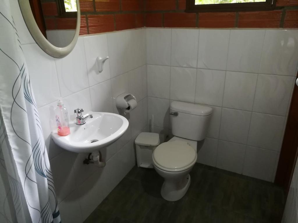 a bathroom with a toilet and a sink at Pungara Eco-Lodge in Tena