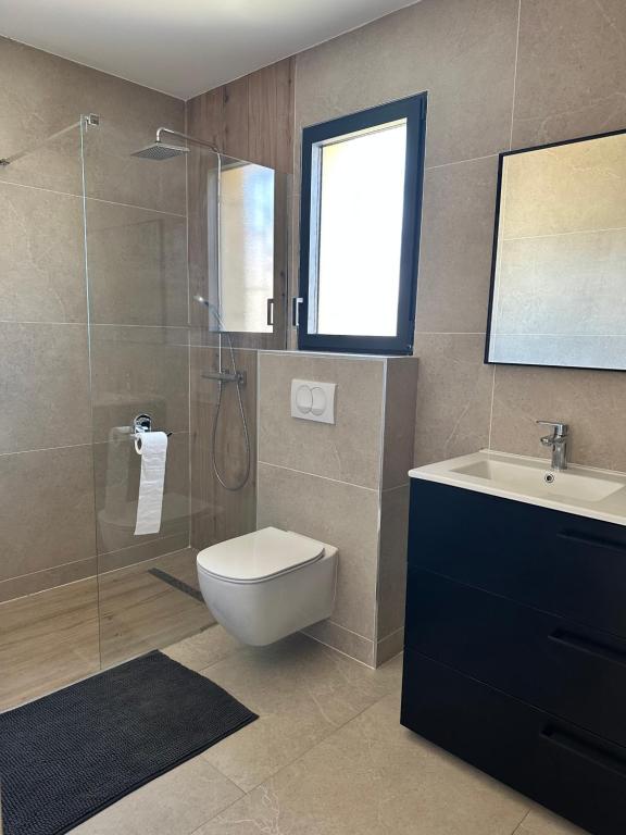 une salle de bain avec toilettes, lavabo et douche dans l'établissement Maison familiale avec piscine près de Nimes Calme & confort en Provence, à Saint-Gilles