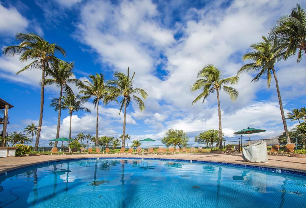 a swimming pool with palm trees in the background at Luana Kai A104 condo in Kihei